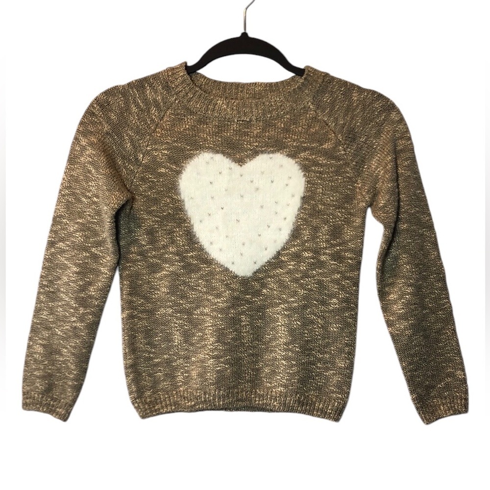 Mini Molly Sweater Girls 10/12 Tan White Fuzzy Heart Crewneck Pullover Jumper